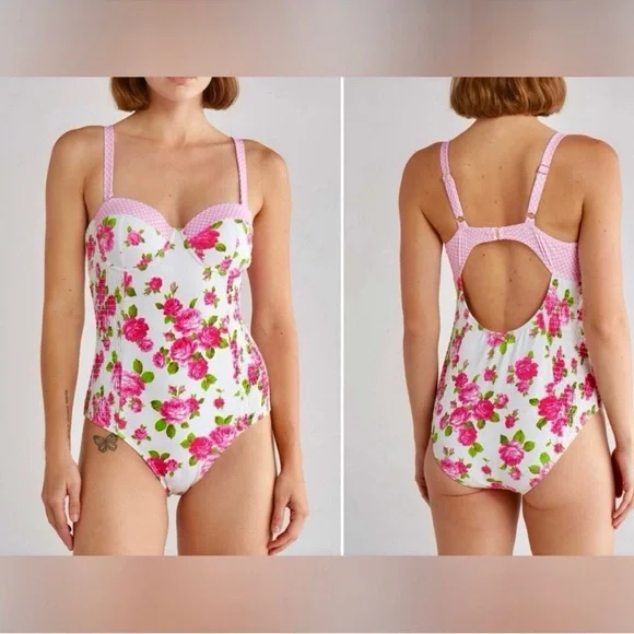 Betsey Johnson Love Always Betsy floral roses one piece smocked swimsuit NWOT M - Picture 2 of 7